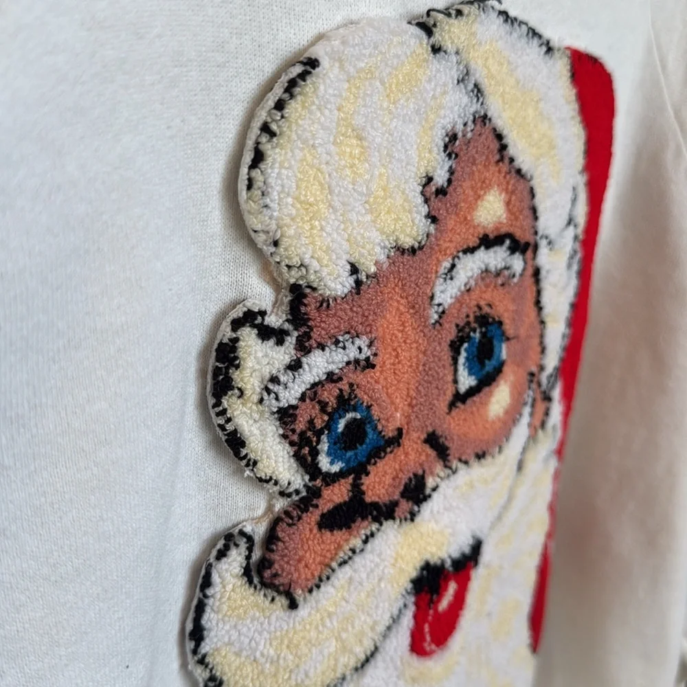 Vintage rare USA made white sweatshirt raised Santa 3D tufted rug graphic XL